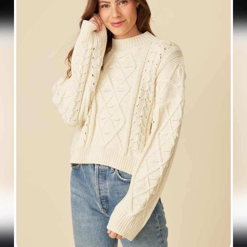 REVOLVE One Grey Day Laurel Cable Pullover Sweater NWT Snow White Size Small